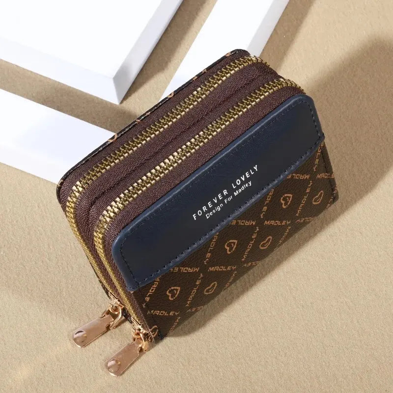 RFID Protection Mini Wallet - Chic Faux Leather with Double Zipper, Multiple Card Slots & Slip Pocket, Compact Classic Clutch