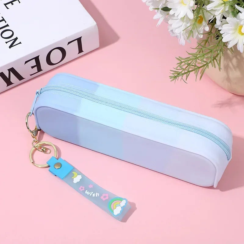 1Pc Cute Gradient Silicone Pencil Case Lovely Kids Waterproof Stationery Organizer Pen Kawaii School Supplies with Cartoon Rope