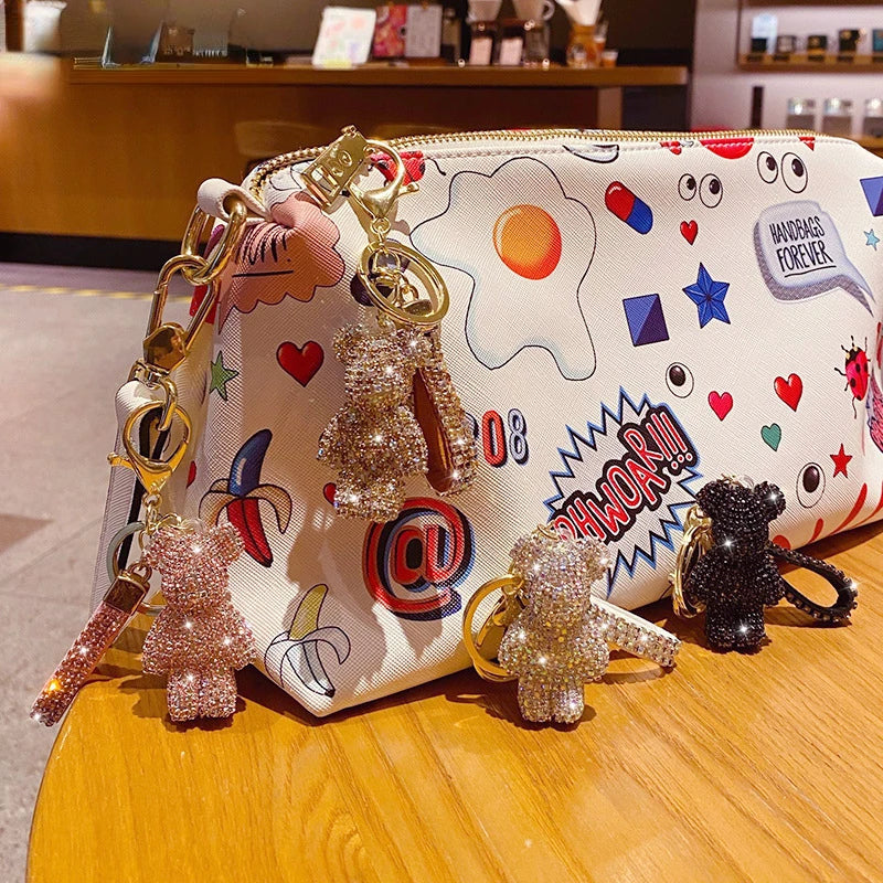 Cute Rhinestones Tassel Bear Keychain Couple Keychain, Beautiful Girl Decoration Kind Small Pendant Car Key Ring Student Bag Pendant