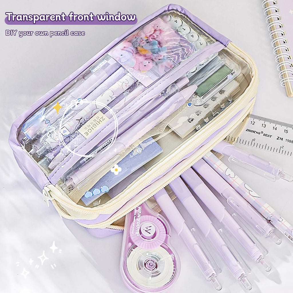 1Pc Transparent Four-Layer Pencil Bag Student Stationery Bag Large Capacity Storage Bag School Office Supplies Stationery