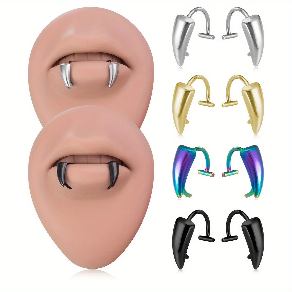 1Pair Stainless Steel Vampire Fangs Lip, Rings Hip Hop Punk Gothic, Style Fake Piercing Teeth Jewelry for Men and Women, Halloween 2025