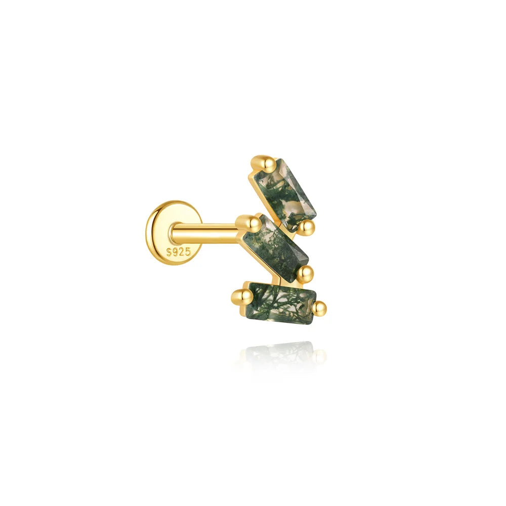 Natural Moss Agate Threaded Puncture Ear Bone, Nail 925 Sterling Silver Tassel Geometric, Nice Green Moss Piercing Earring