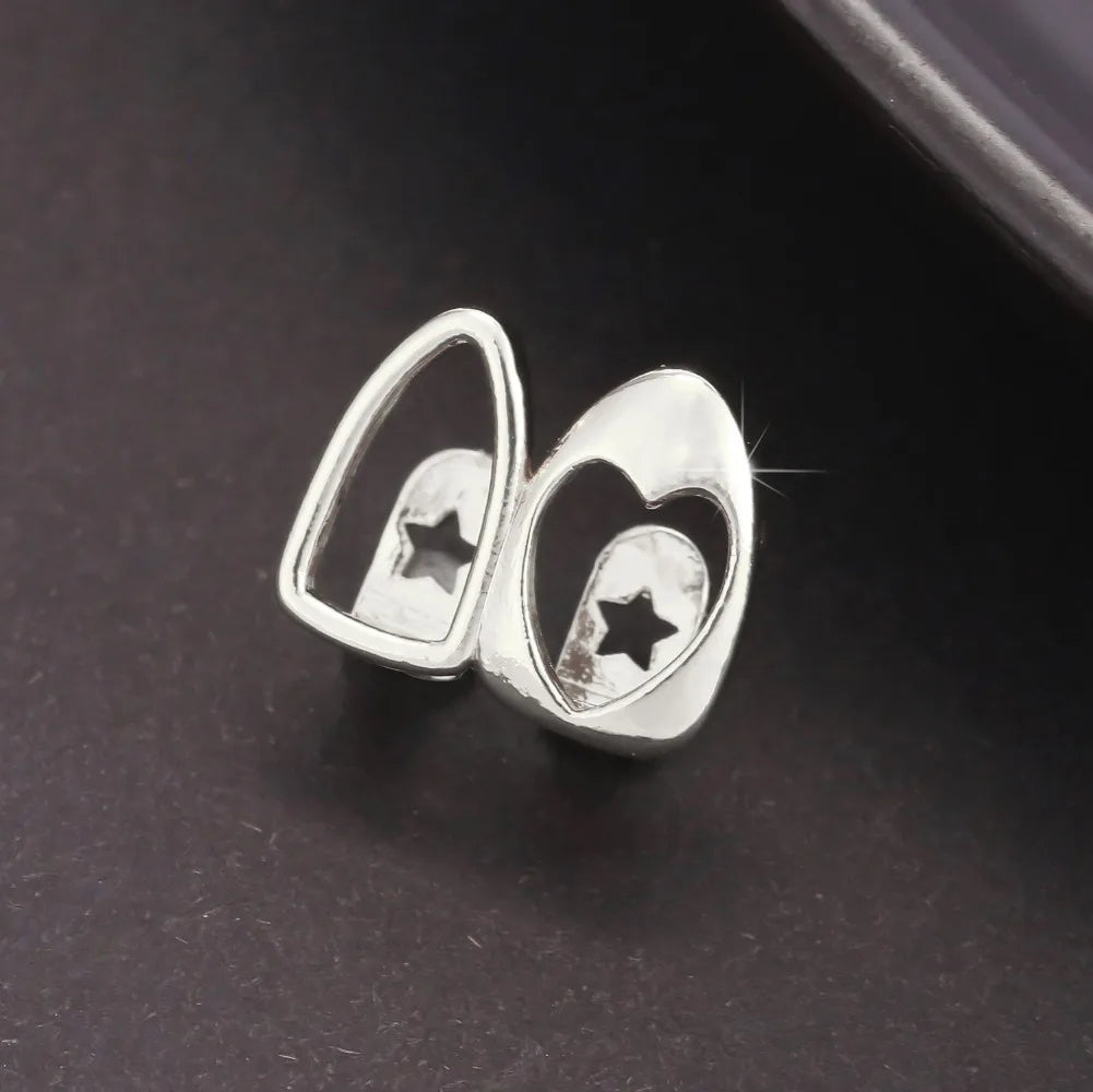 2pcs Set Hip-hop Gold Color Hollowed Hearts Zircon Inlay, Nice Stainless Steel Dental Grills for Women And Men, Fashion Teeth Jewelry Accessories