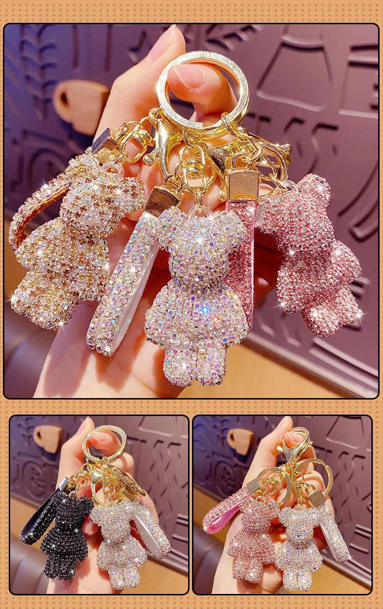 Cute Rhinestones Tassel Bear Keychain Couple Keychain, Beautiful Girl Decoration Kind Small Pendant Car Key Ring Student Bag Pendant