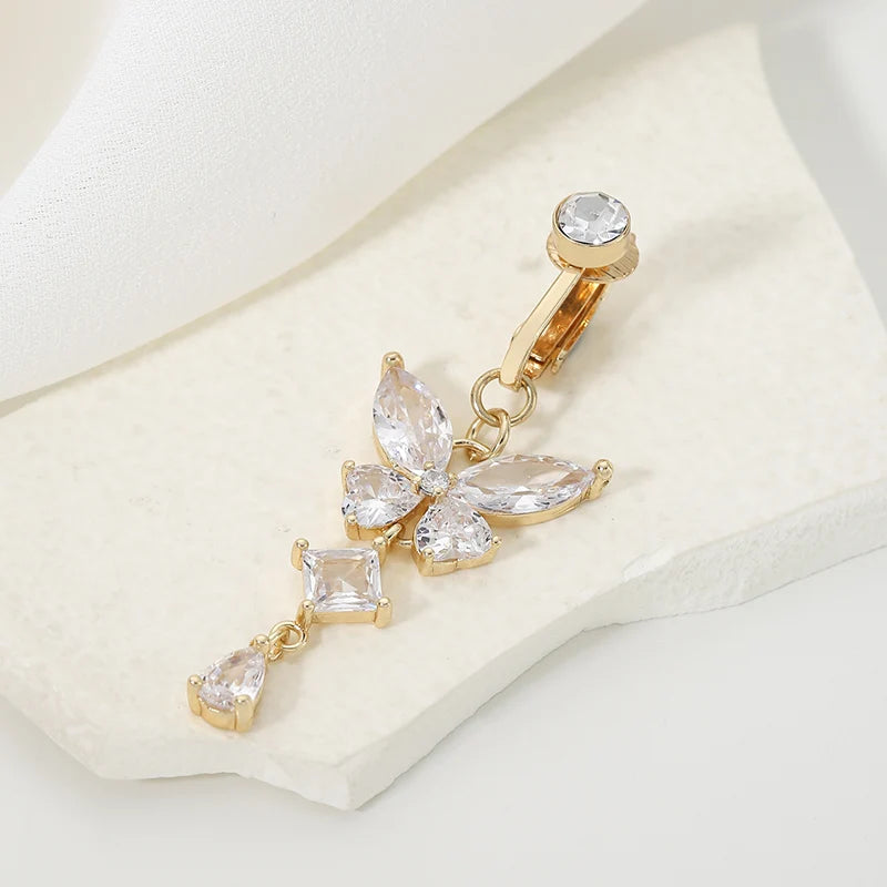 Clip On Belly Button Ring, Butterfly Shape Copper Zircon, Nice Belly Piercing Umbilical Navel Body Jewelry, Charming Trendy Fashion Style