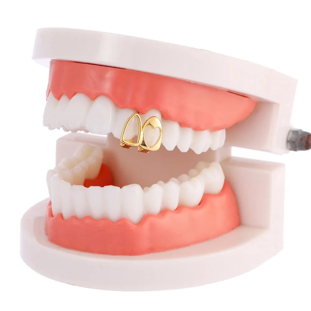 2pcs Set Hip-hop Gold Color Hollowed Hearts Zircon Inlay, Nice Stainless Steel Dental Grills for Women And Men, Fashion Teeth Jewelry Accessories
