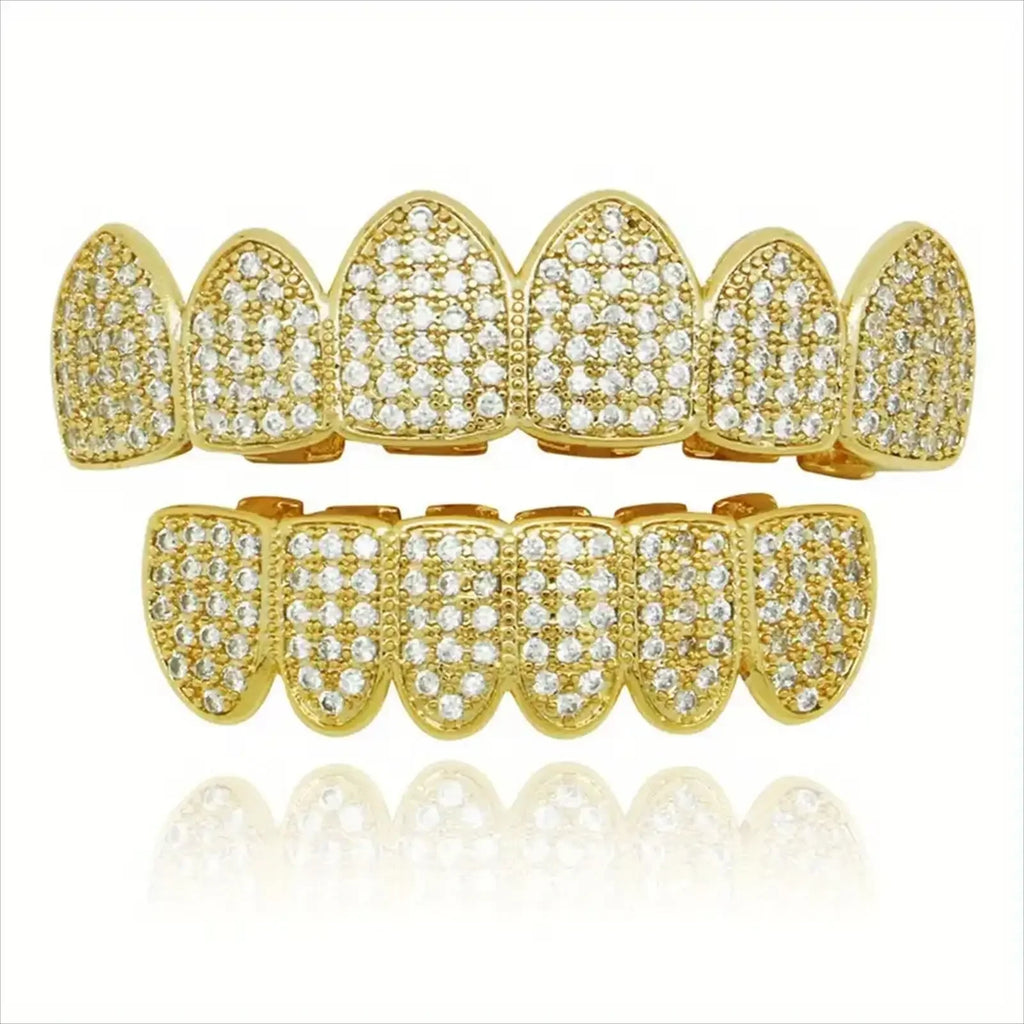 New Hip Hop CZ Teeth Set For Unisex Top And Bottom Mouth, Gold And Silver Color Teeth, Trendy Tooth Cap Removable Dental, Fashion Jewelry Gift