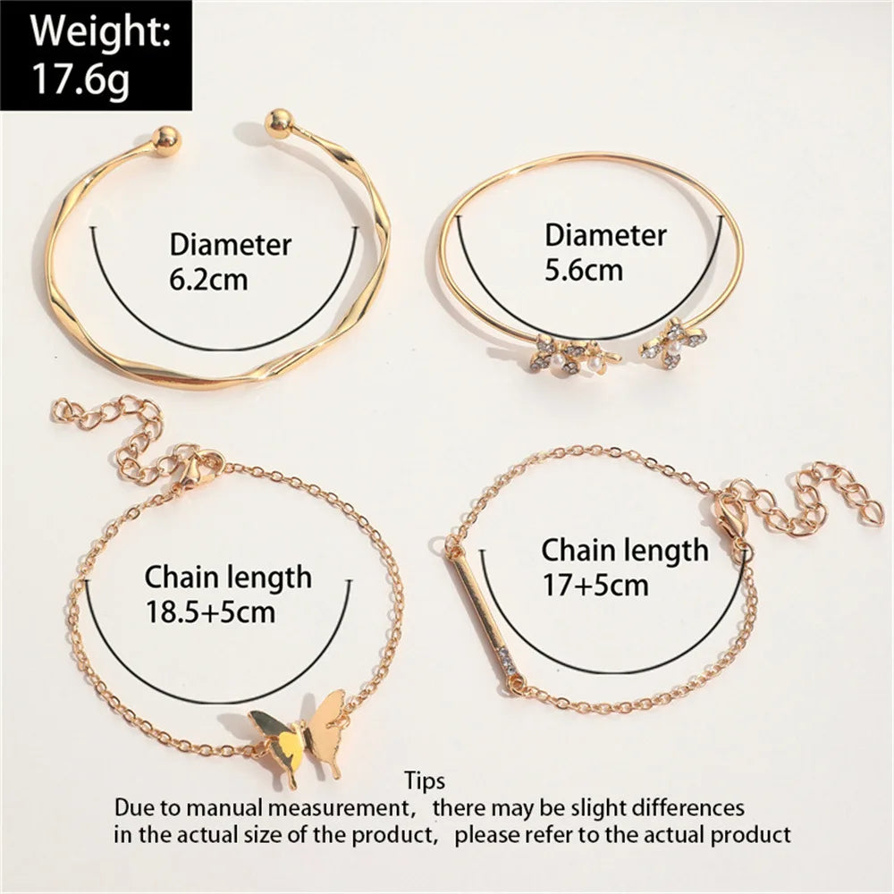 Chic Vintage Gold Color Cuff Bracelet, The Best Set of 4 Stainless Steel Butterfly Bracelet Combination Fashion, Very Elegant Bracelet Jewelry Gifts For Her Birthday Or Christmas
