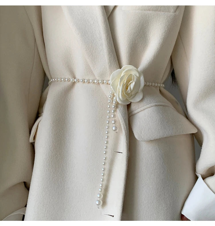 Adorable Pearl Waist Belt Women's New Style Camellia Decorative Versatile Waist Belt Matching Dress Coat Jacket Fashion Elegant Belt