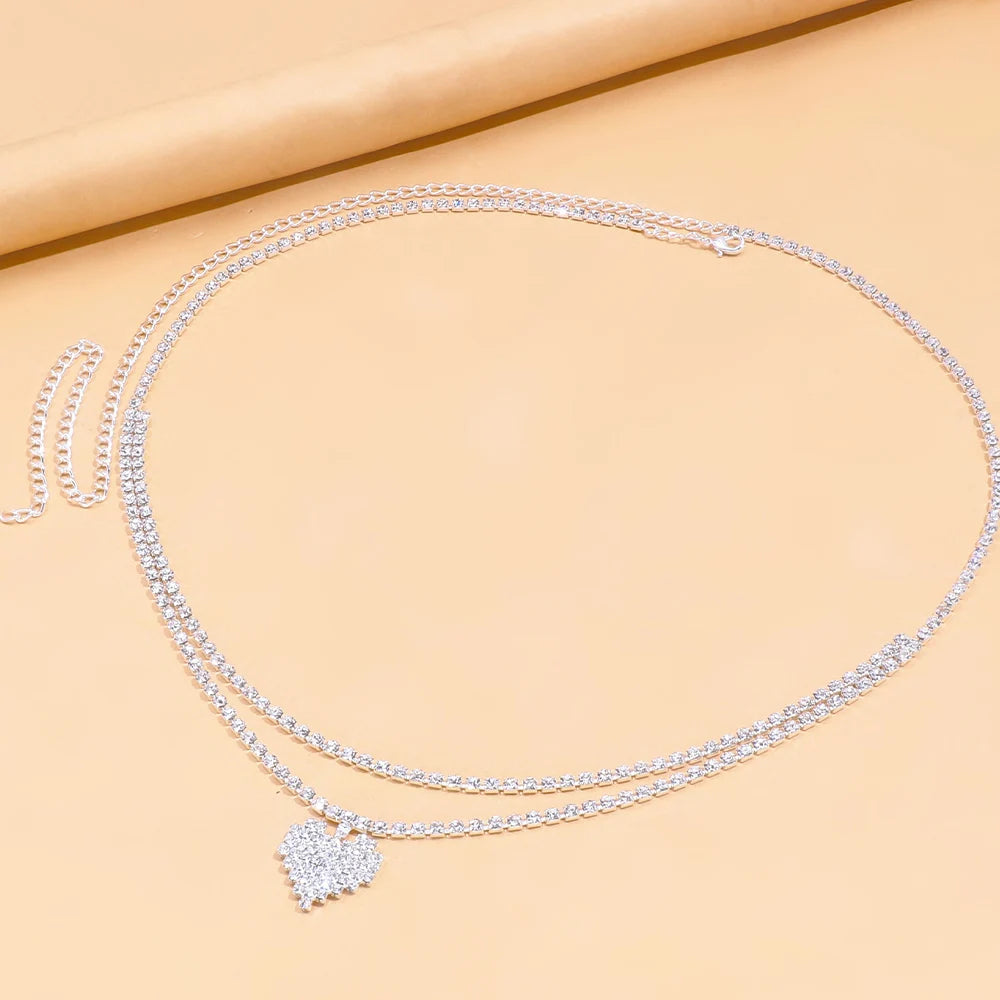 Sexy Rhinestone Heart Waist Chain Belt Bikinis Jewelry for Women Summer Beach Double Row Crystal Belly Chain Body Accessories