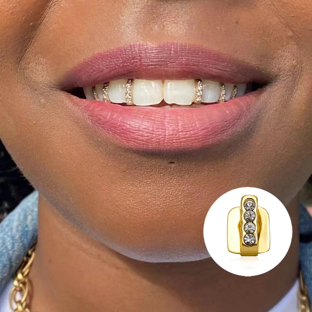 The Best Fashion CZ Stone Vertical Bar Teeth Grillz Braces Hip Hop 4 Zircon Tooth Caps Dental Grills For Women Men Girls, Great Gift Jewelry