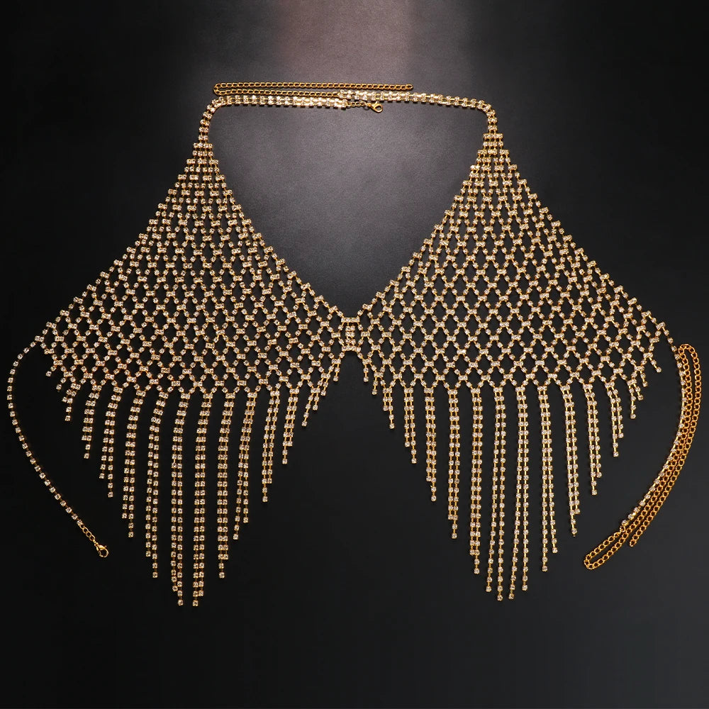 Mesh Harness Rhinestone Tassel, Bra Chain Nightclub Clothing, Hollow Festival Tops Crystal, Sexy Body Jewelry for Girls, Beautiful Gift Accessory For Her