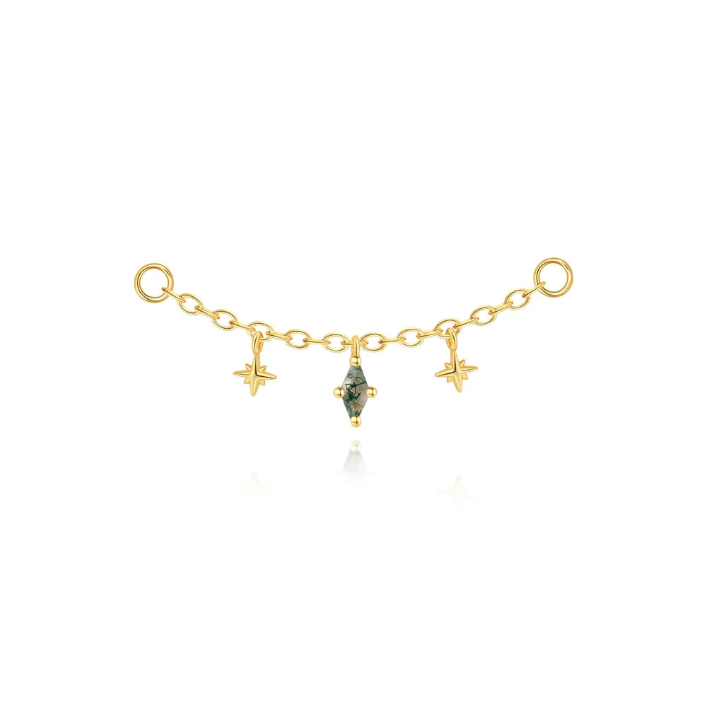 Natural Moss Agate Threaded Puncture Ear Bone, Nail 925 Sterling Silver Tassel Geometric, Nice Green Moss Piercing Earring