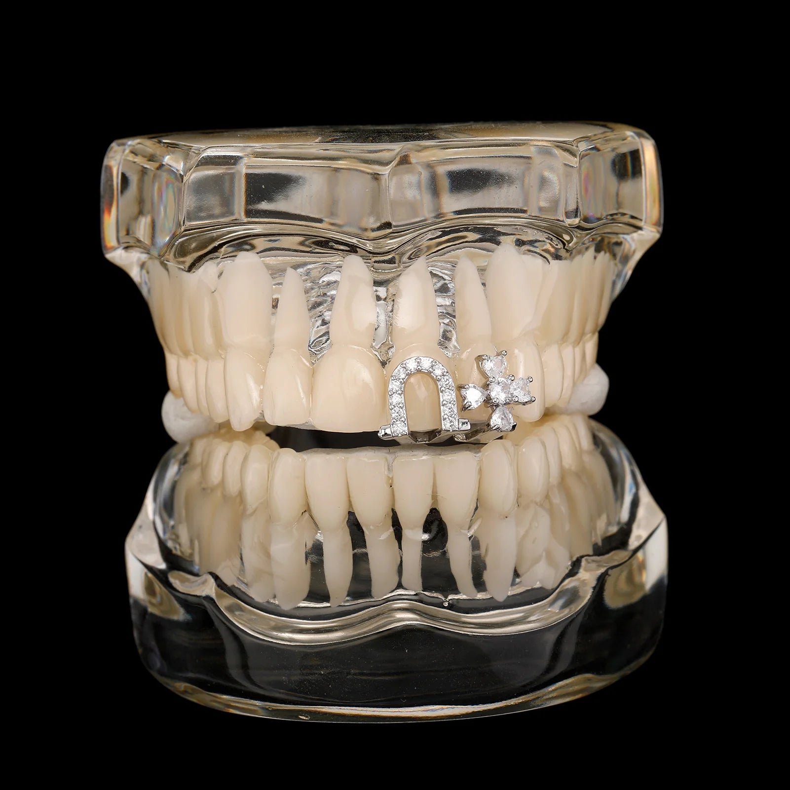 Hip Hop Iced Out Double Teeth, Lucky Green Clover Infinity Grillz, Top & Bottom Punk Rapper Beautiful Christmas Cosplay