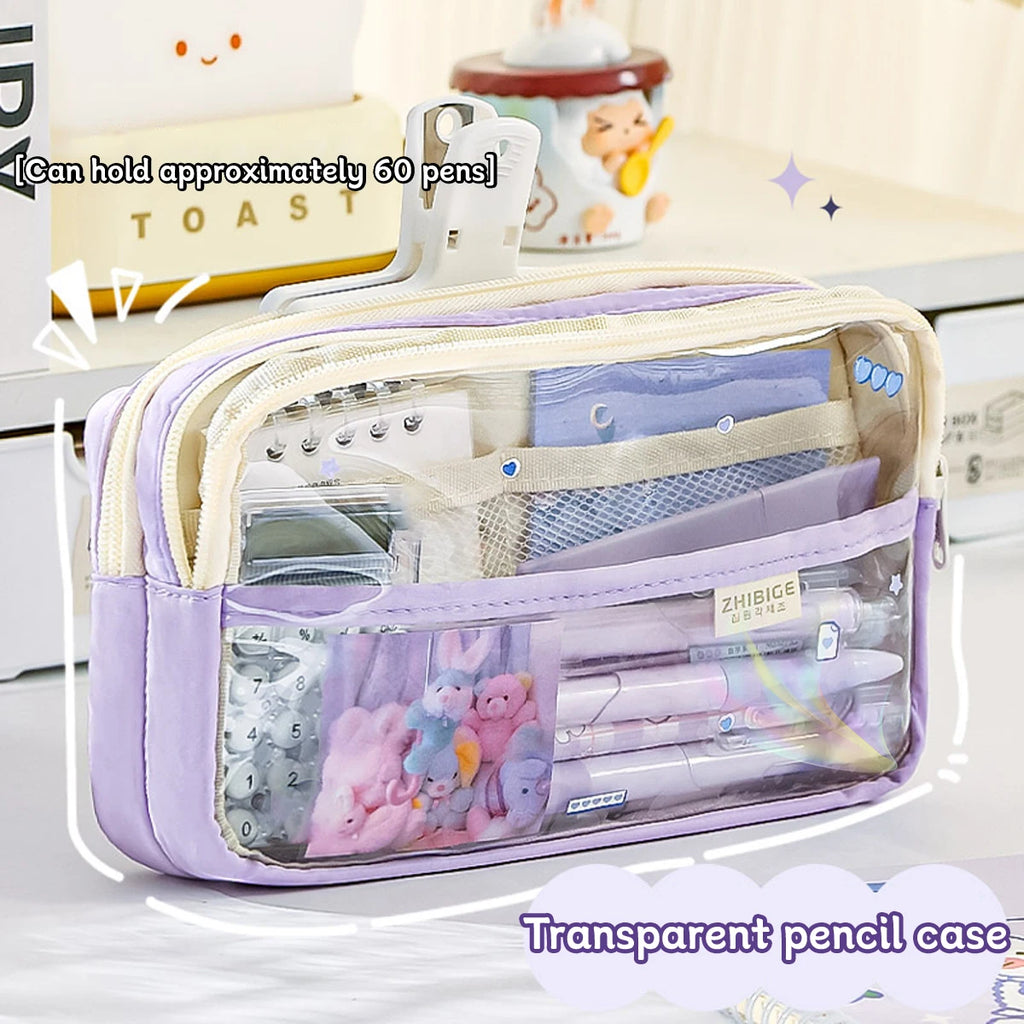 1Pc Transparent Four-Layer Pencil Bag Student Stationery Bag Large Capacity Storage Bag School Office Supplies Stationery