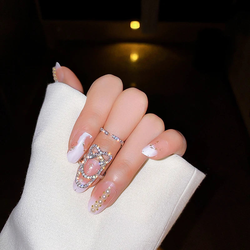 Rhinestone Fingernail Protective Zircon Nail Ring Charm Flower Butterfly Resizable Nail Ring Adjustable Opening Rings For Women