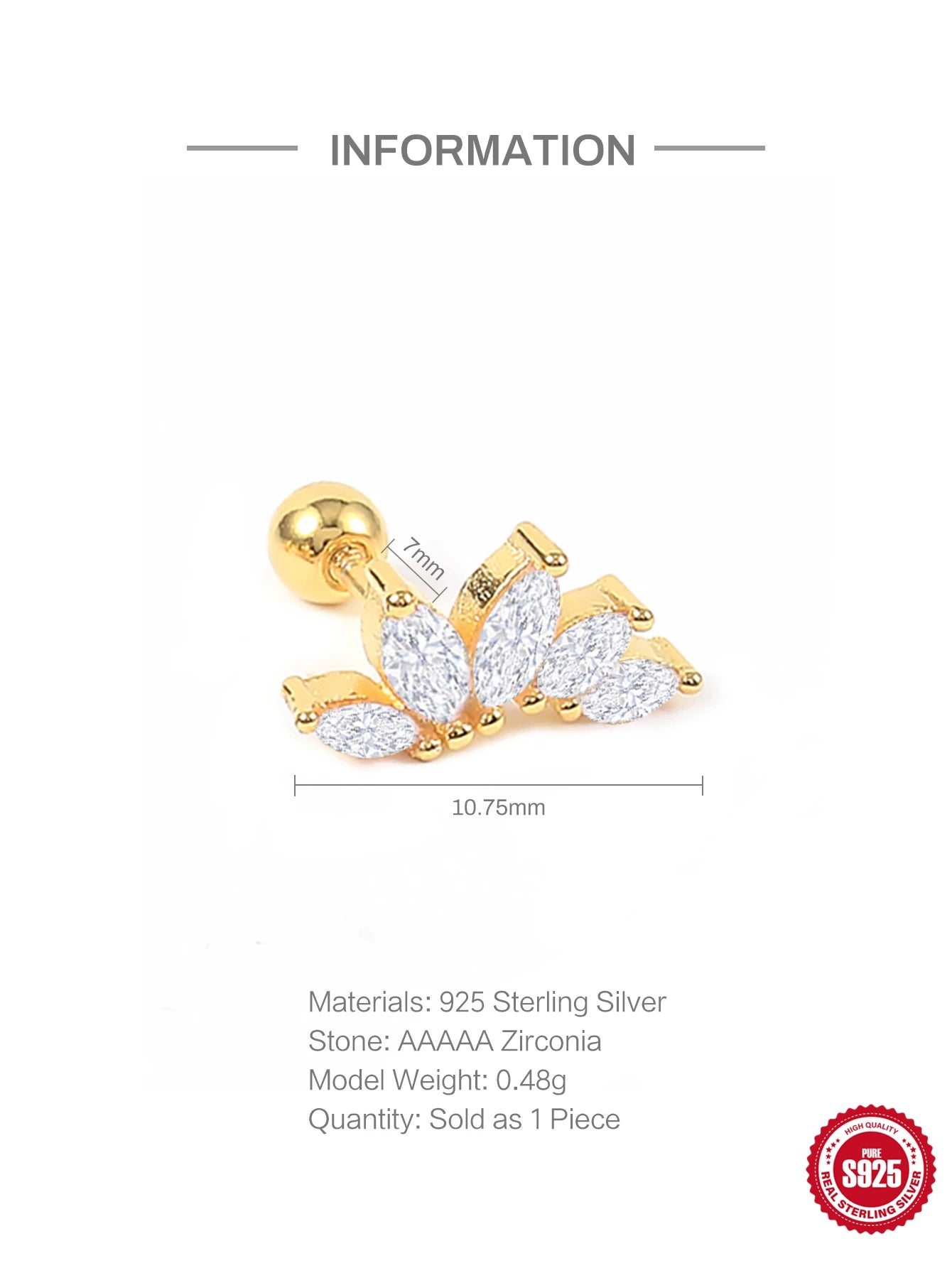 925 Sterling Silver 1pc, Geometry Multi Piercing Stud Earrings For Women, K Gold Simple Elegant Tassel Jewelry, beautiful Gift