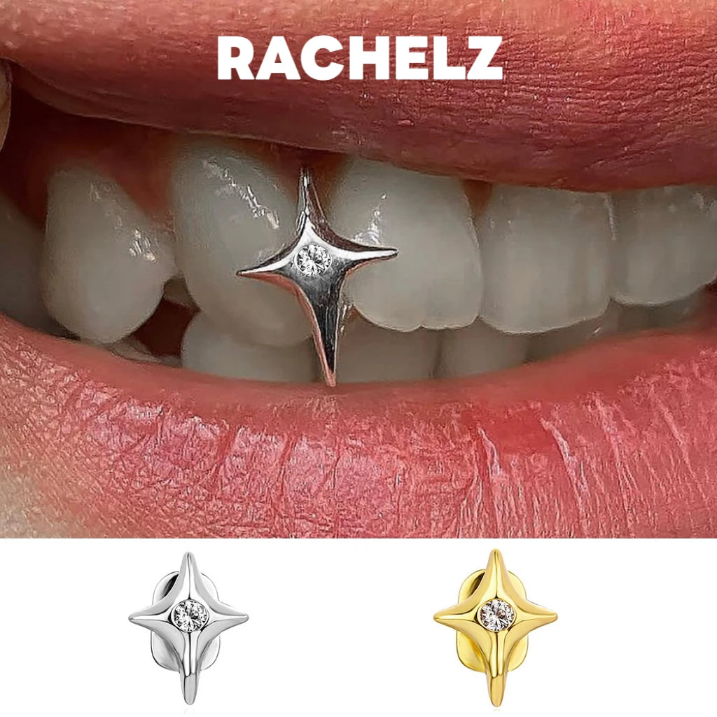RACHELZ Hip Hop Cute CZ Stone Star Teeth Grillz Braces Gold Color Y2K Elegant Shiny Zircon Tooth Caps For Women Men Punk Jewelry