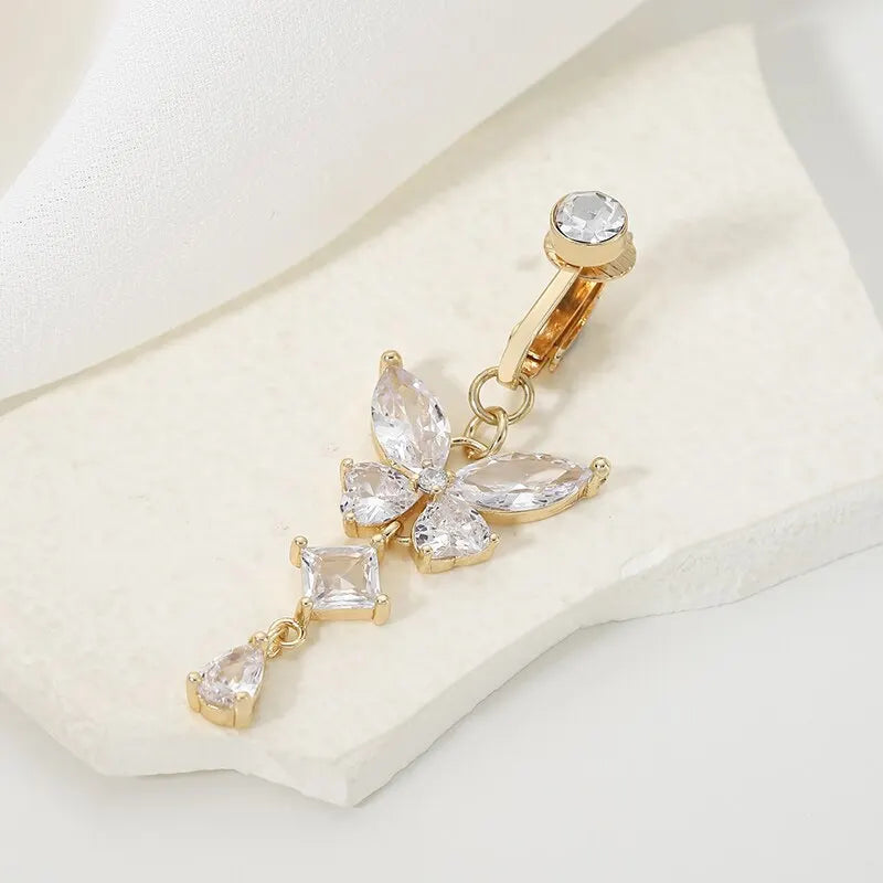 Clip On Belly Button Ring, Butterfly Shape Copper Zircon, Nice Belly Piercing Umbilical Navel Body Jewelry, Charming Trendy Fashion Style