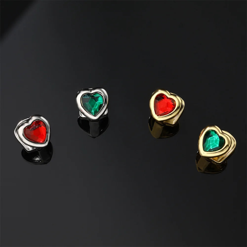 Unique Hip Hop Single Red Green Heart Zircon Teeth, Grillz Silver Color Shiny Crystal Tooth Jewelry, Caps For Women Men Jewelry Gift