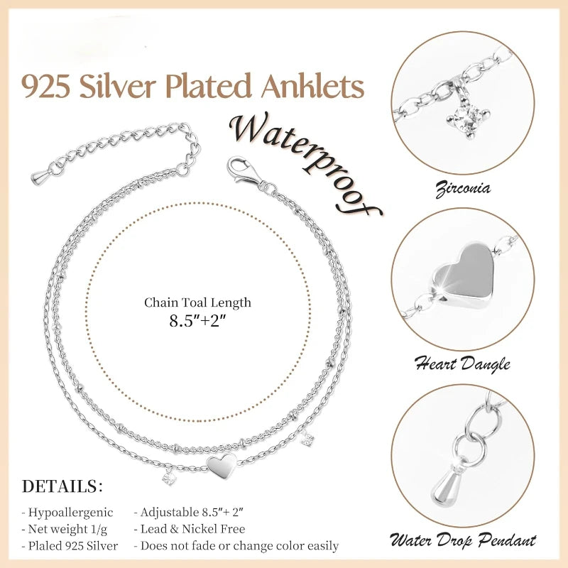 925 Sliver Plated CZ Anklet, Lovely Bracelets for Women Girl, Trendy New Waterproof Heart, Charm Dainty Layer Chain Anklets Jewelry Gifts, Charming Gift For Birthday Or Christmas