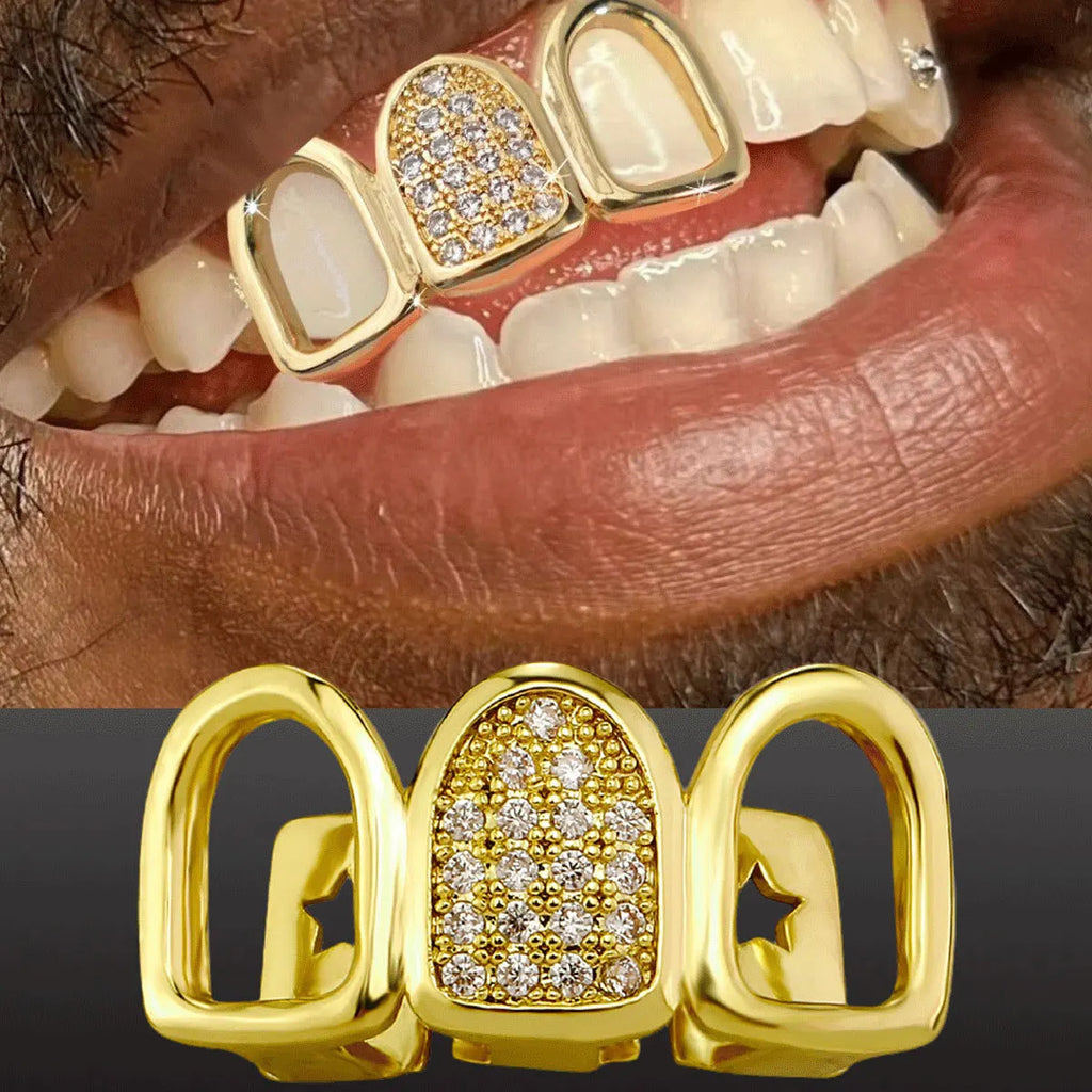 Hip Hop CZ Teeth Grillz For Men And Women, Beautiful Gold And Silver Color, New Tooth Grillz Cap Dental Grill, Nice Punk Rapper Teeth Cap And Halloween Cosplay