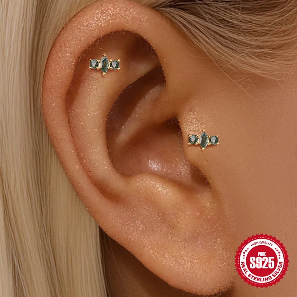 Natural Moss Agate Threaded Puncture Ear Bone, Nail 925 Sterling Silver Tassel Geometric, Nice Green Moss Piercing Earring