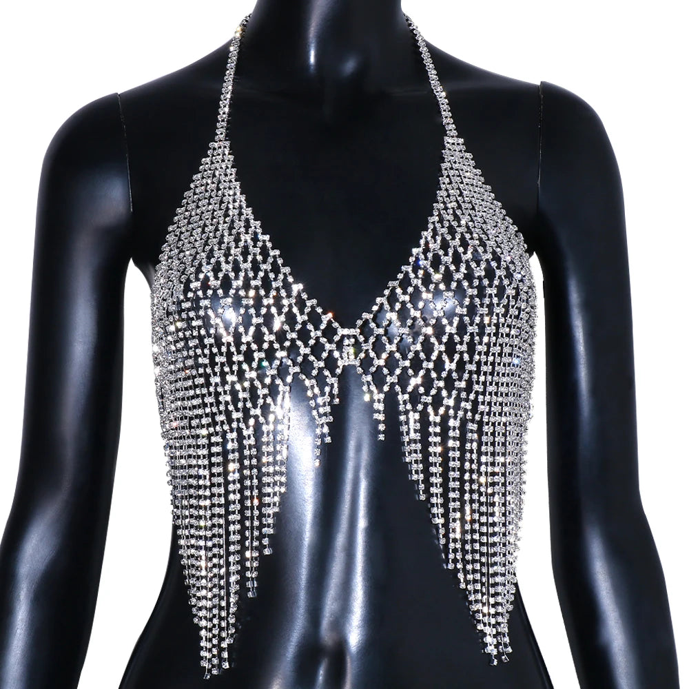 Mesh Harness Rhinestone Tassel, Bra Chain Nightclub Clothing, Hollow Festival Tops Crystal, Sexy Body Jewelry for Girls, Beautiful Gift Accessory For Her