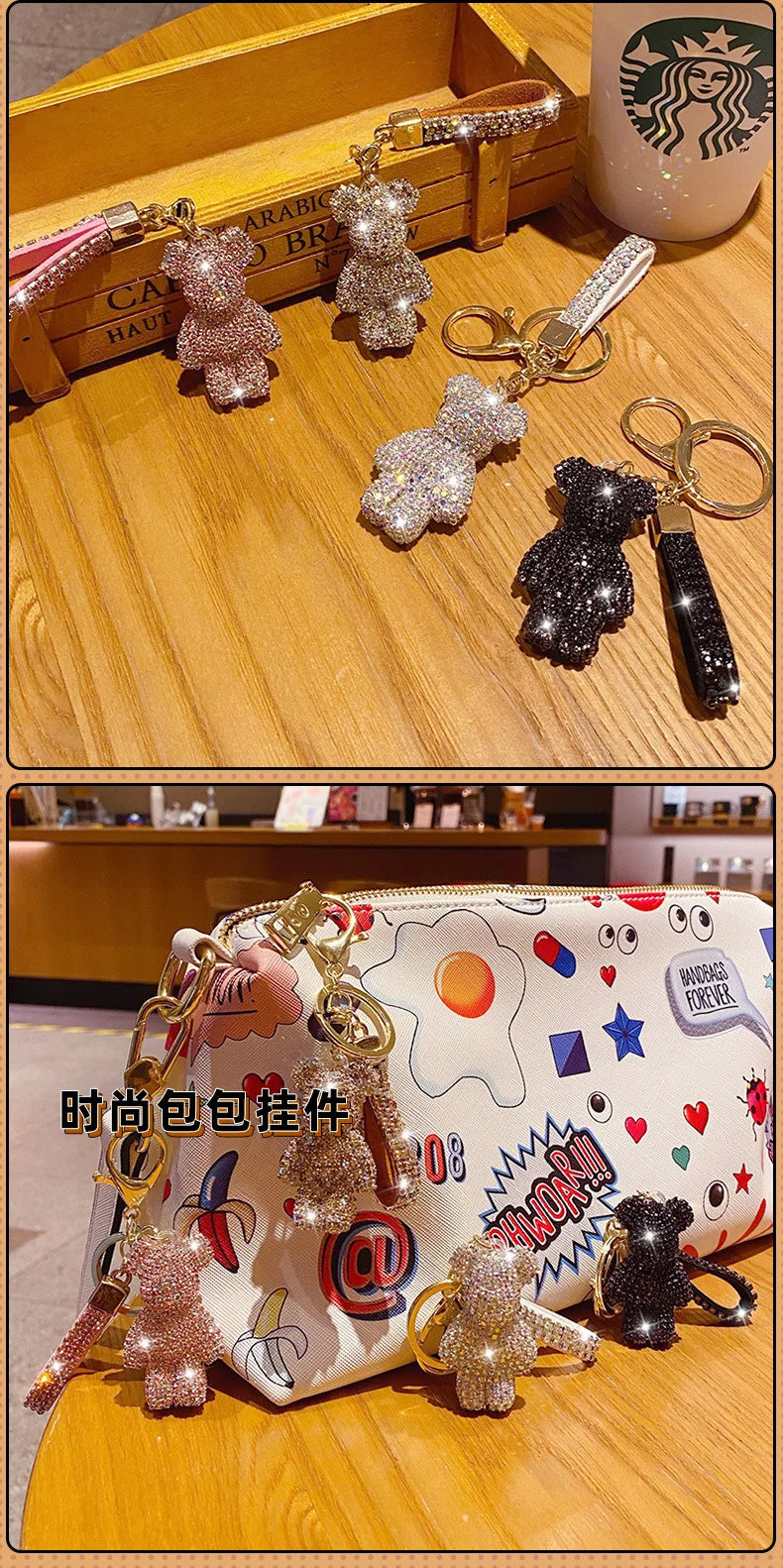 Cute Rhinestones Tassel Bear Keychain Couple Keychain, Beautiful Girl Decoration Kind Small Pendant Car Key Ring Student Bag Pendant