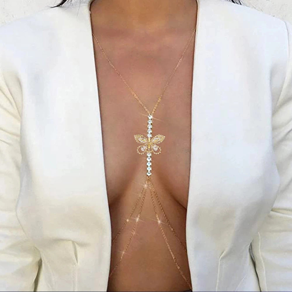 Charming Butterfly Chest Chain, Rave Jewelry Festival Crystal Outfit Beach, Lovely Summer, Sexy Bra Chain Necklace For Women Clothing