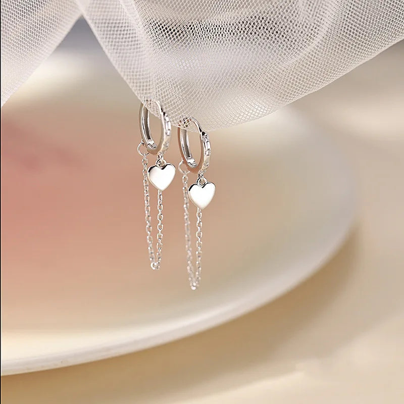 Silver Color Heart-shaped Charm Earrings for Women Temperament Tassel Chain Ear Buckle Beautiful Fashion Jewelry, Nice Gift