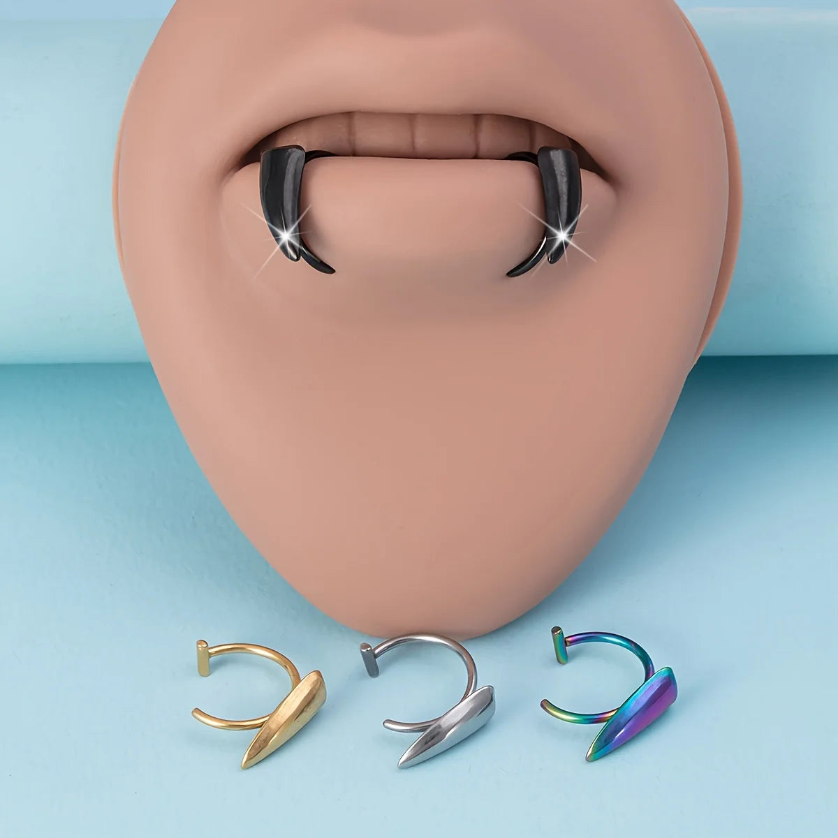 1Pair Stainless Steel Vampire Fangs Lip, Rings Hip Hop Punk Gothic, Style Fake Piercing Teeth Jewelry for Men and Women, Halloween 2025