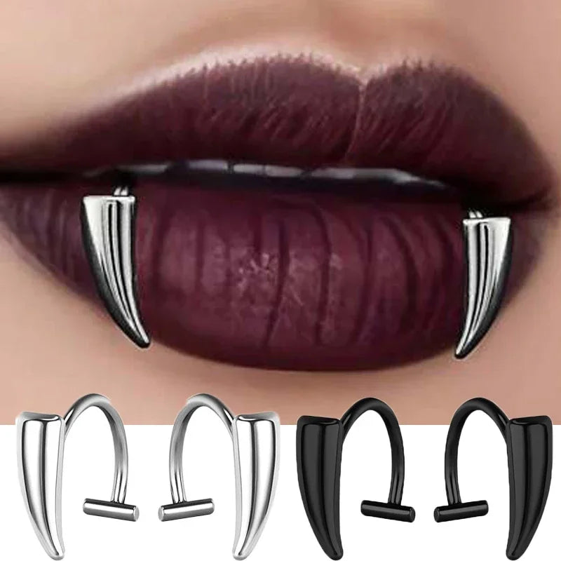 2PCS Stainless Steel Personalised Sharp Teeth Fake Piercing Lip Ring Punk Exaggerated Jewelry for Women Gothic Body Jewelry