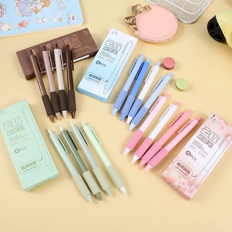 4pcs/box kawaii Gel Pen Korean Simplicity Pen Soft Handle Stationery Pen Black Ink 0.5mm Scrapbook Cute Pen Student Supplies