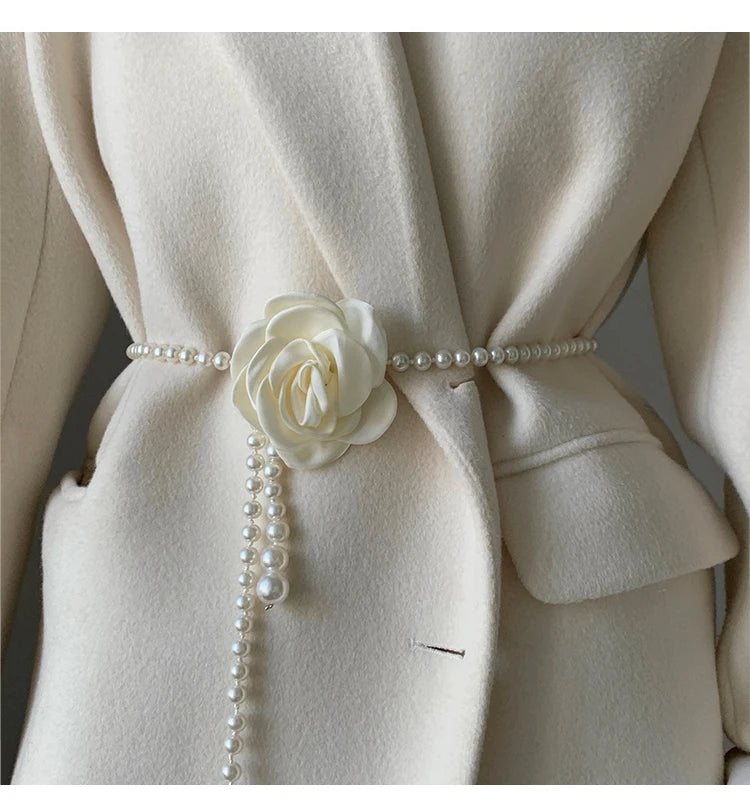 Adorable Pearl Waist Belt Women's New Style Camellia Decorative Versatile Waist Belt Matching Dress Coat Jacket Fashion Elegant Belt