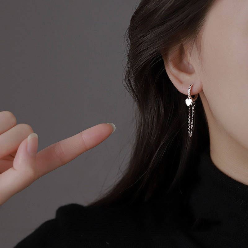Silver Color Heart-shaped Charm Earrings for Women Temperament Tassel Chain Ear Buckle Beautiful Fashion Jewelry, Nice Gift