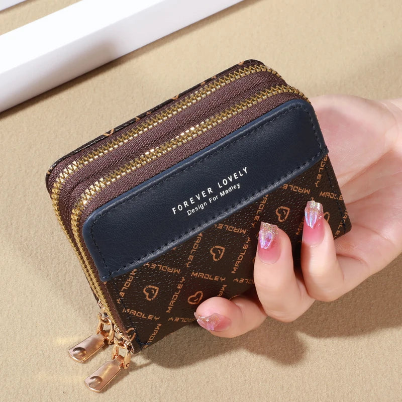 RFID Protection Mini Wallet - Chic Faux Leather with Double Zipper, Multiple Card Slots & Slip Pocket, Compact Classic Clutch