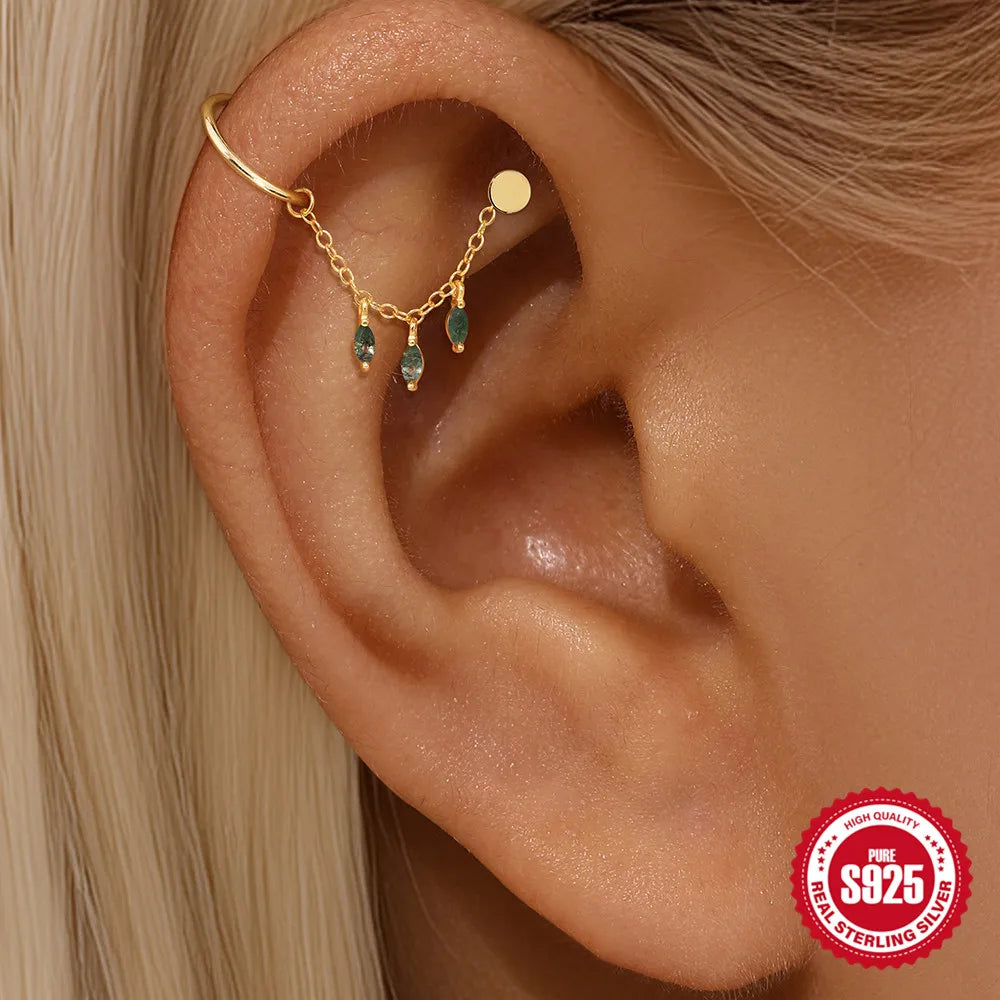 Natural Moss Agate Threaded Puncture Ear Bone, Nail 925 Sterling Silver Tassel Geometric, Nice Green Moss Piercing Earring