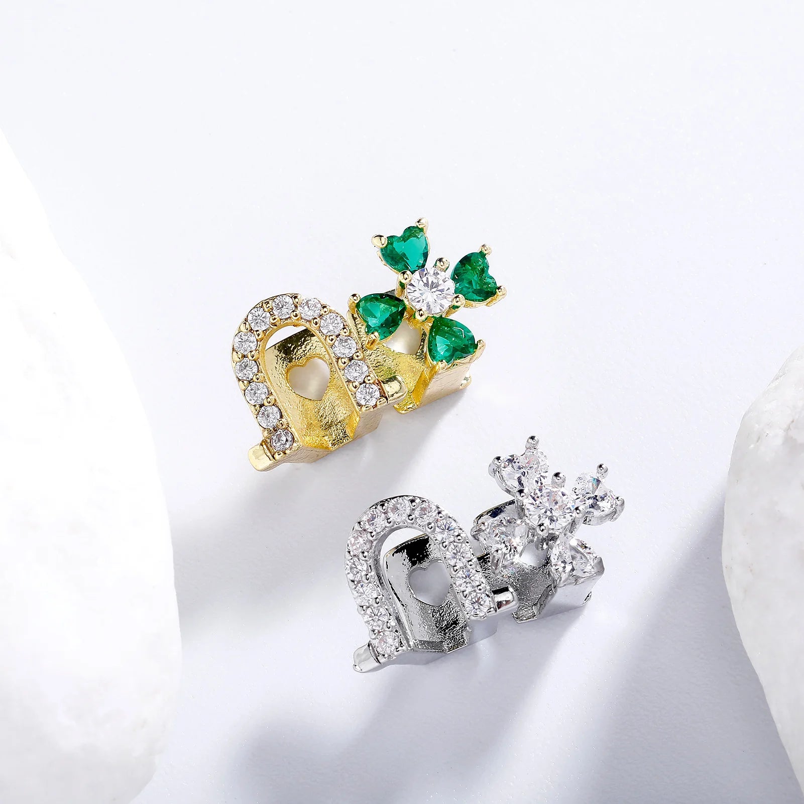 Hip Hop Iced Out Double Teeth, Lucky Green Clover Infinity Grillz, Top & Bottom Punk Rapper Beautiful Christmas Cosplay