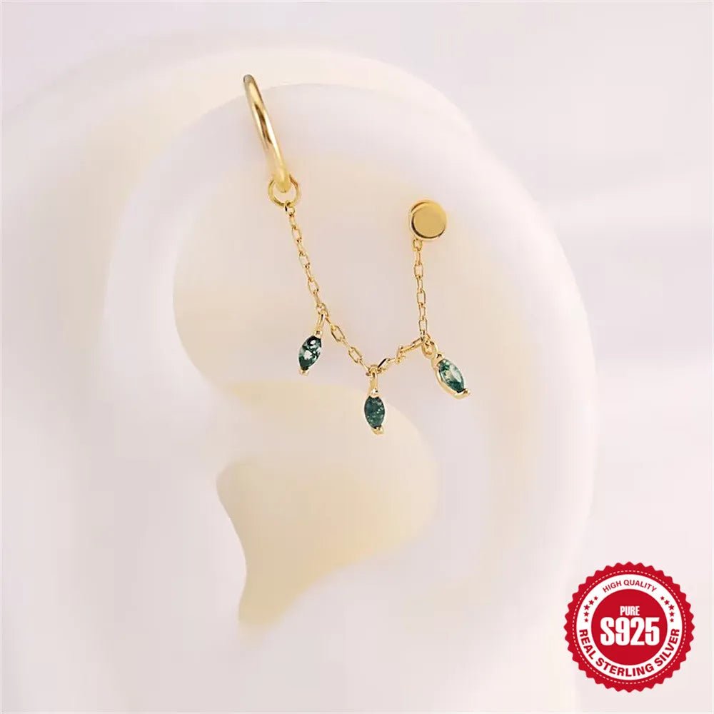 Natural Moss Agate Threaded Puncture Ear Bone, Nail 925 Sterling Silver Tassel Geometric, Nice Green Moss Piercing Earring