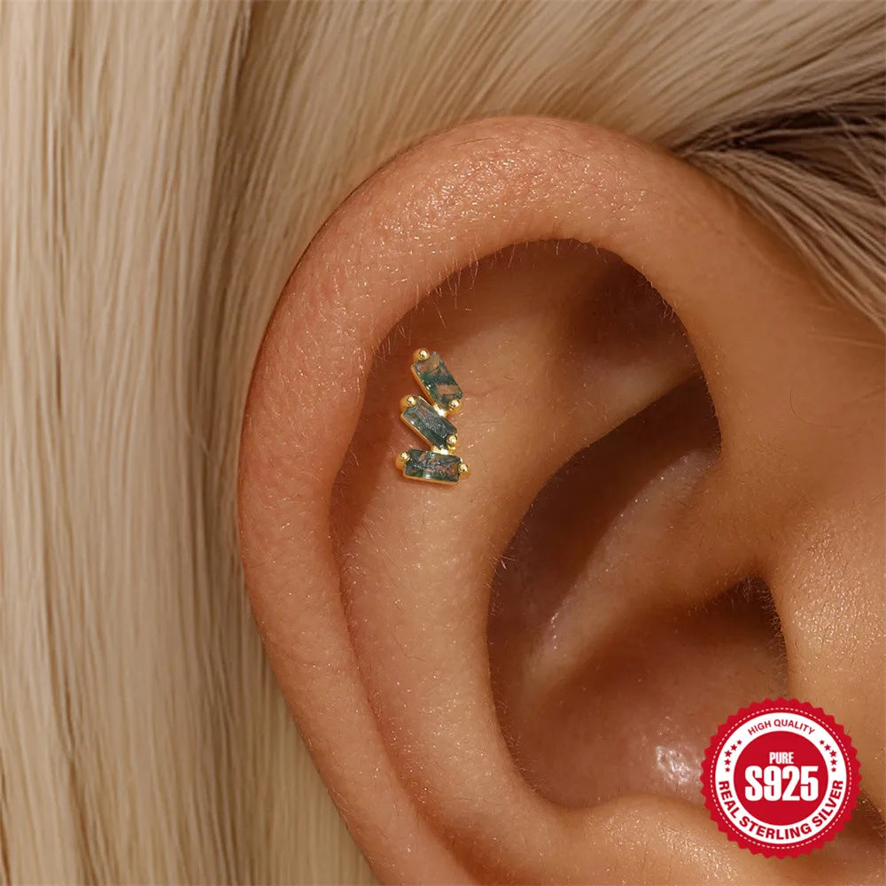 Natural Moss Agate Threaded Puncture Ear Bone, Nail 925 Sterling Silver Tassel Geometric, Nice Green Moss Piercing Earring