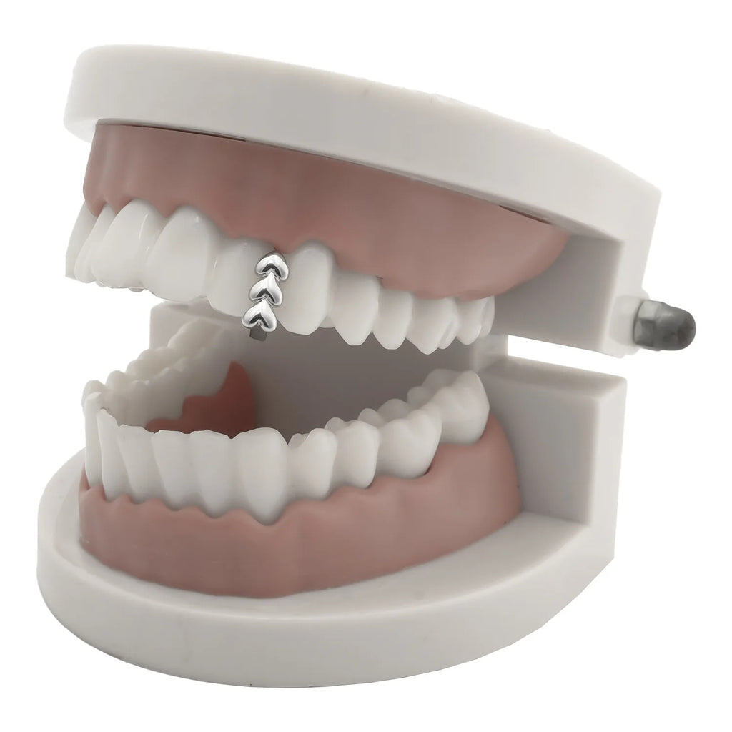 YOUNGX Hip Hop Three Heart Teeth Grillz Braces Niches Design Small Tree Shape Tooth Caps For Women Men Jewelry Couple Gift