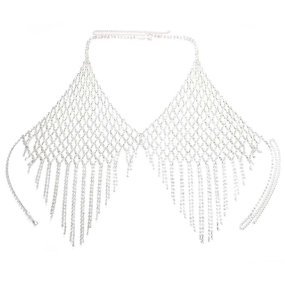 Mesh Harness Rhinestone Tassel, Bra Chain Nightclub Clothing, Hollow Festival Tops Crystal, Sexy Body Jewelry for Girls, Beautiful Gift Accessory For Her