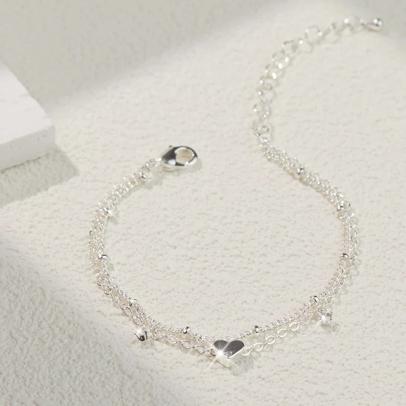 925 Sliver Plated CZ Anklet, Lovely Bracelets for Women Girl, Trendy New Waterproof Heart, Charm Dainty Layer Chain Anklets Jewelry Gifts, Charming Gift For Birthday Or Christmas