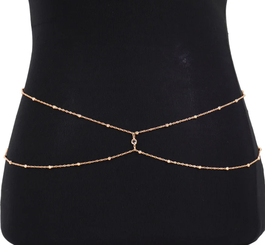 Clear Rhinestone Beaded Belly Chains for Women Gold Silver Color Metal Beach Bikini Link Chains Waist Body Jewelry Accessory