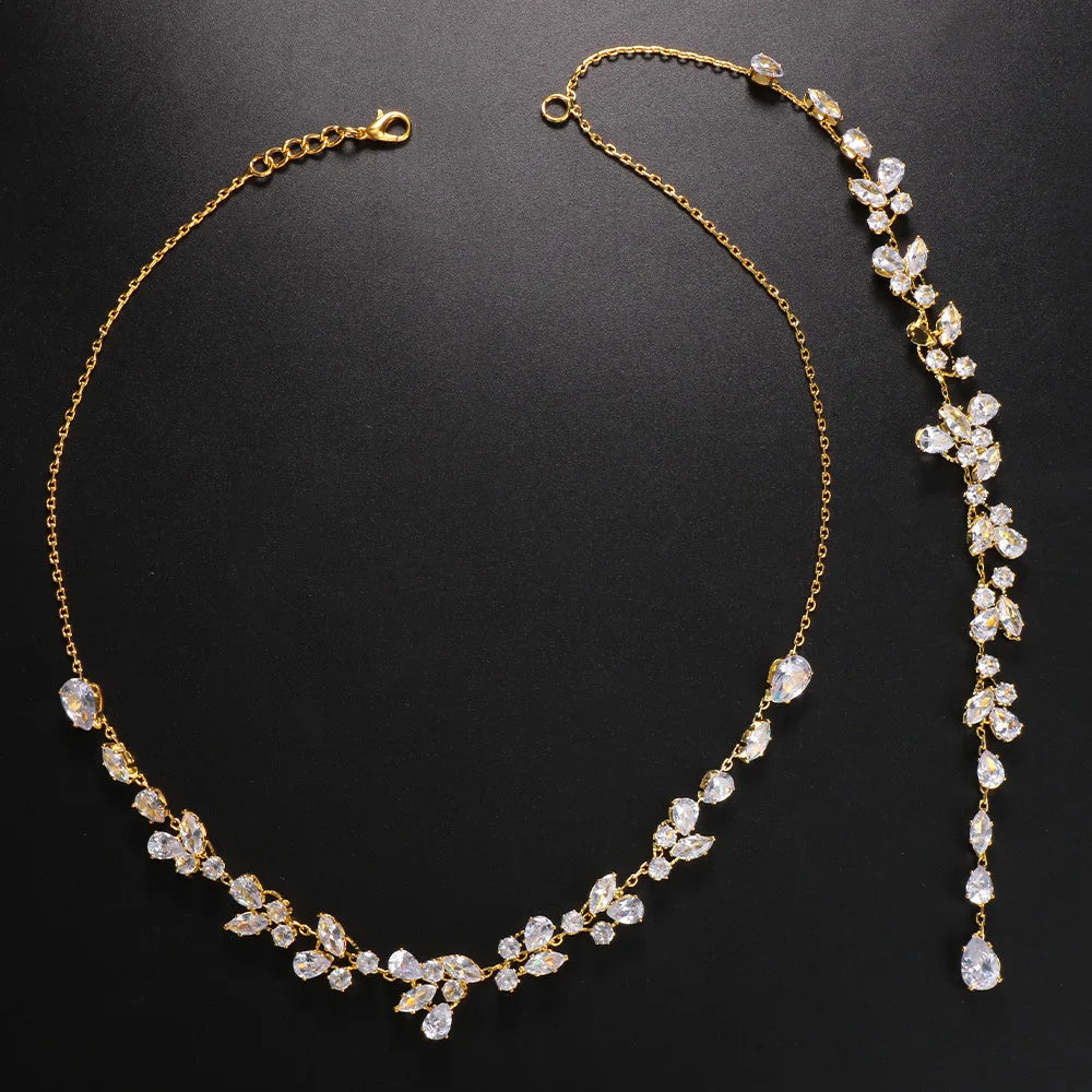 Beautiful Leaf Zircon Bridal Back Necklace Metal Chain for Girls, Festival Wedding Jewelry Beach Rhinestone Body Chain, Charming Party Gift