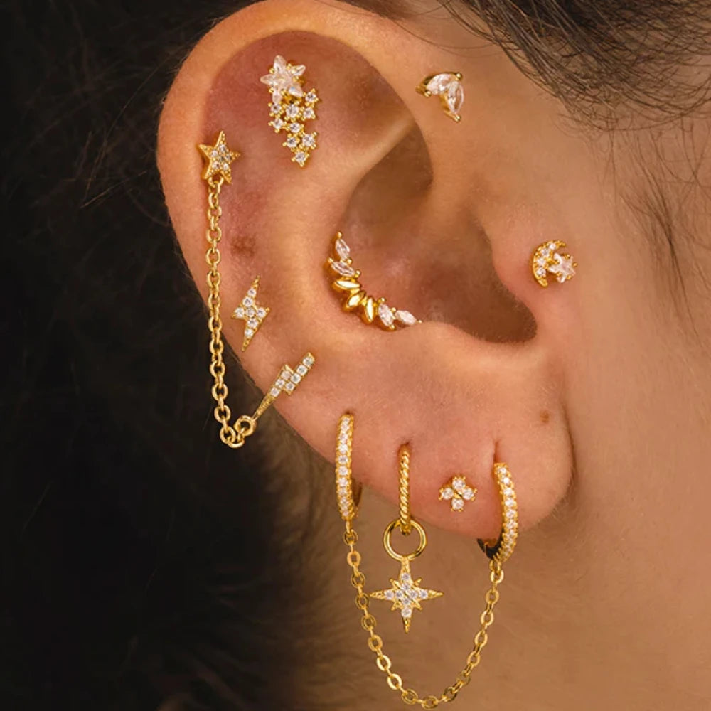 925 Sterling Silver 1pc, Geometry Multi Piercing Stud Earrings For Women, K Gold Simple Elegant Tassel Jewelry, beautiful Gift