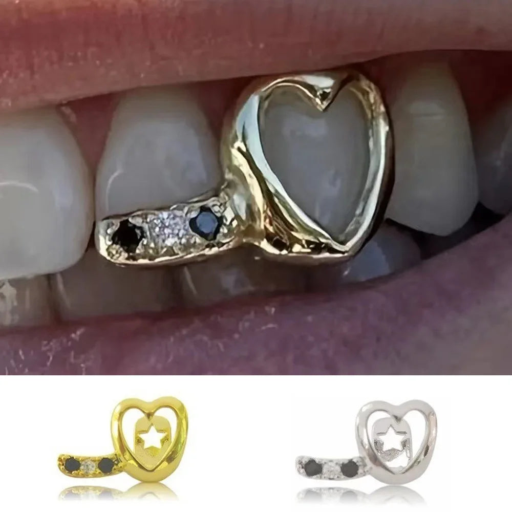 Nice Hollowed Out Heart Grillz Teeth, Horizontal Bar Zircon Tooth Caps Women Men, Unisex Jewelry Accessories
