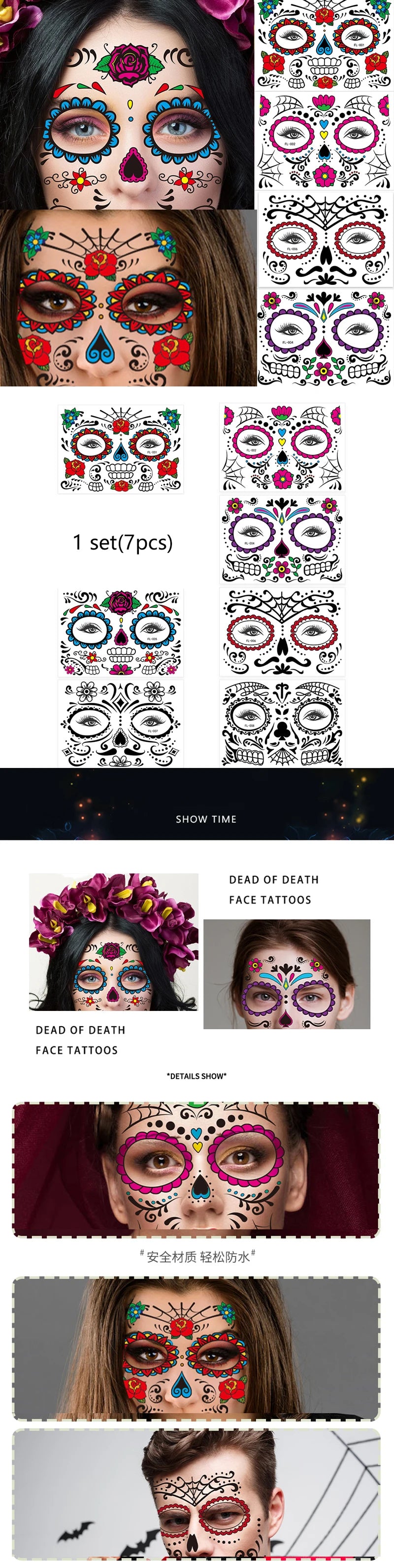 Face Festival Tattoo Costume Party Stickers Halloween Waterproof Temporary Tattoo Stickers Makeup Body Dress Up Decoration
