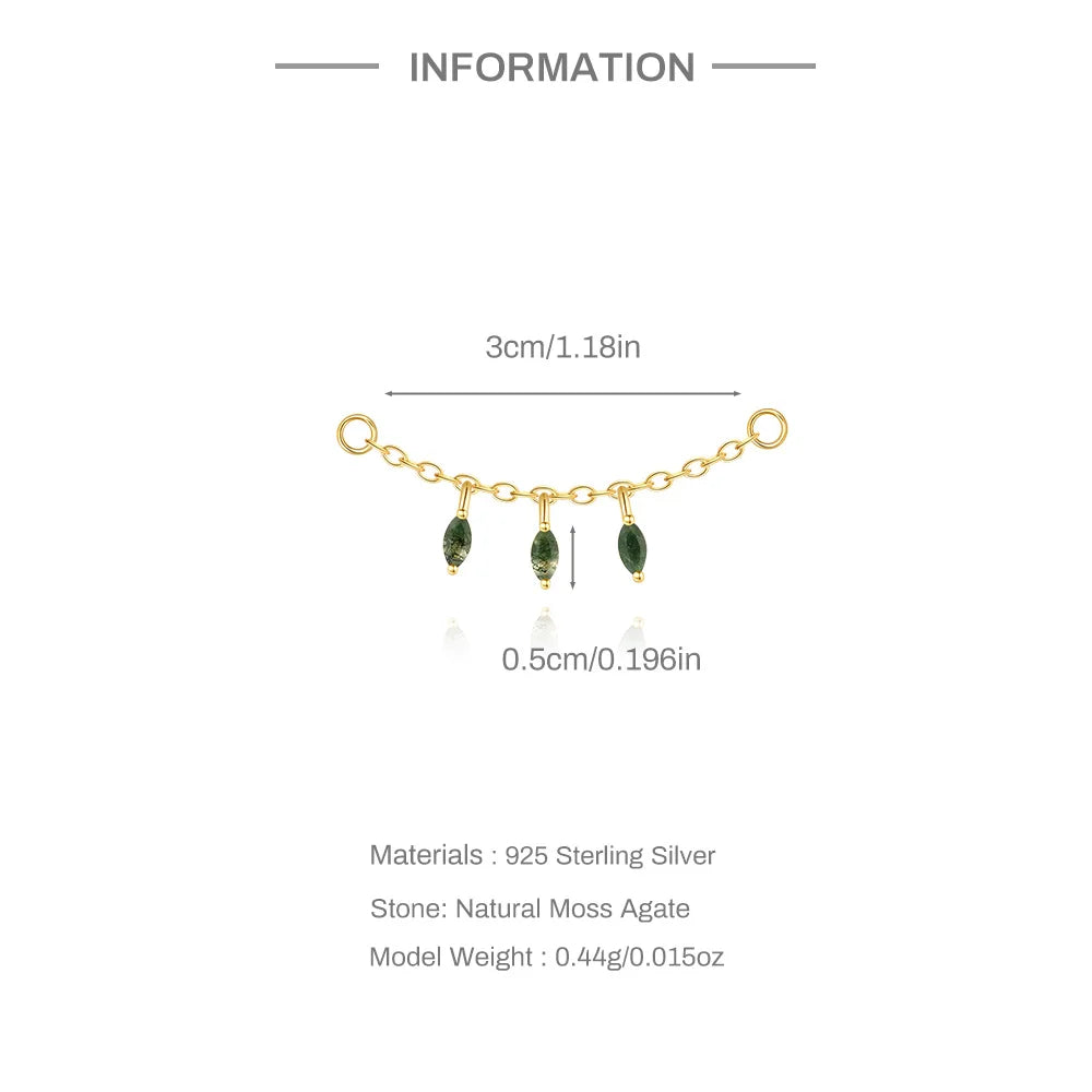 Natural Moss Agate Threaded Puncture Ear Bone, Nail 925 Sterling Silver Tassel Geometric, Nice Green Moss Piercing Earring